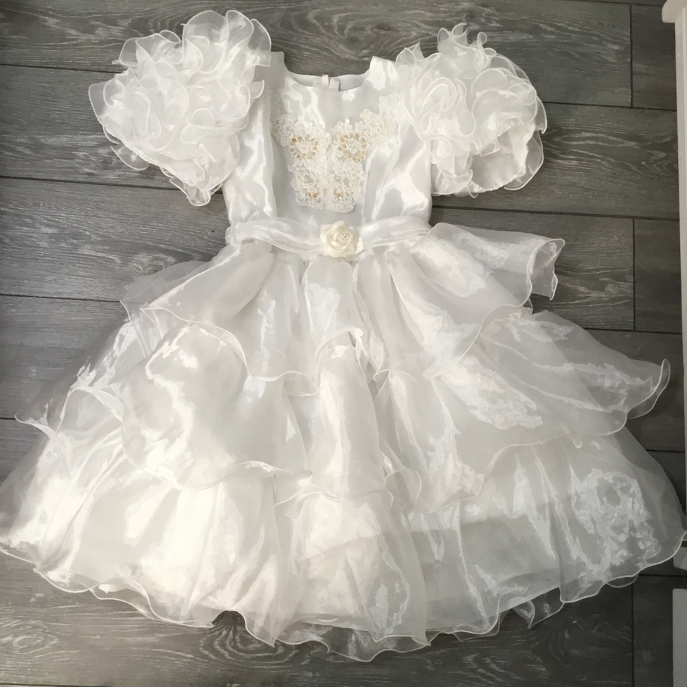 Vintage JUST DARLING Tiered Ruffle Beaded Girls Dress with Ribbon Rose Belt 10